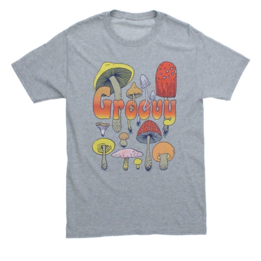 Groovy Mushrooms Graphic Tee- Heather Grey- NWT- Various Sizes